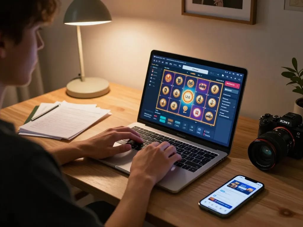 Playing slot toto on a laptop at home, showcasing strategic betting setup and cozy atmosphere