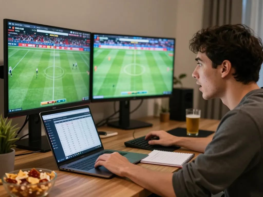 Engaged sports bettor using tylekeonhacai88 for live odds analysis and betting strategies in home office.