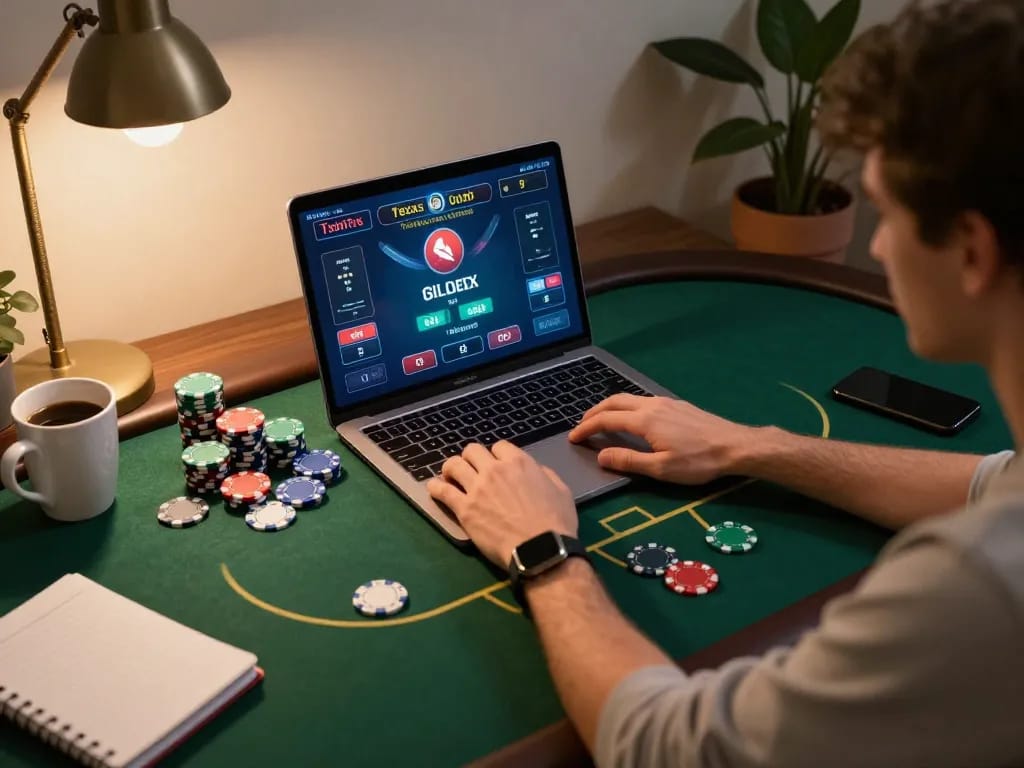 Engaging player analyzes strategies with abc8go poker app on laptop at home