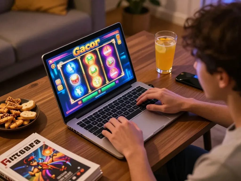 Engaging in slot gacor gameplay with colorful reels spinning on laptop in cozy home setup.
