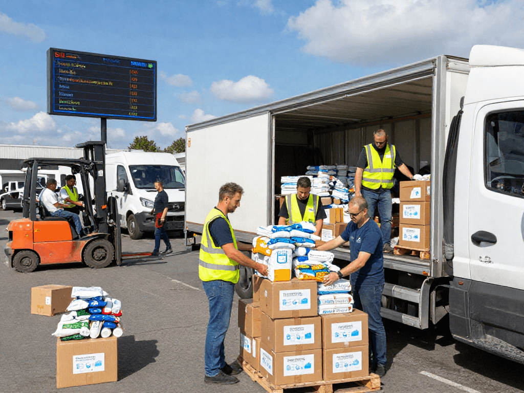 Hilfsgütertransport in Dortmund mit engagierten Mitarbeitern, die medizinische und Lebensmittelhilfe verladen.