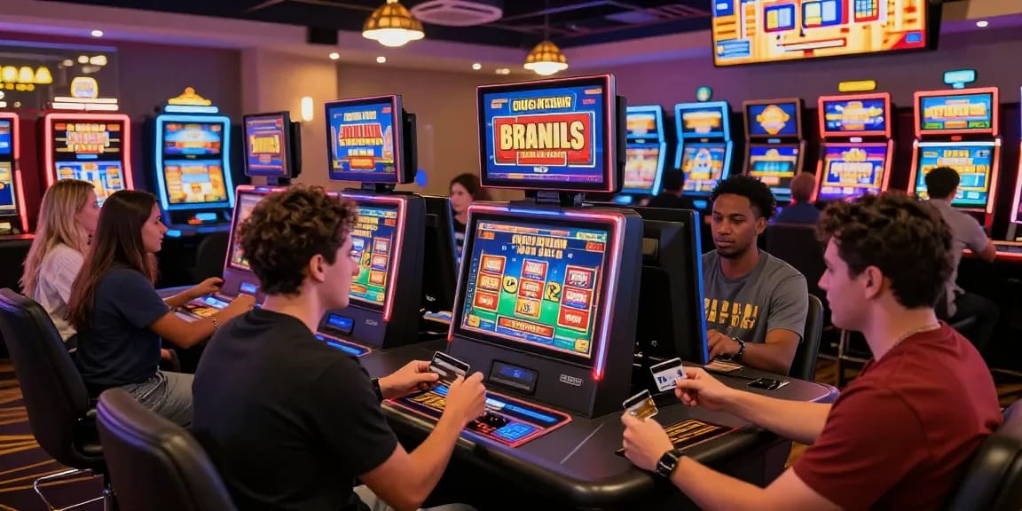 Engaged players at credit card casinos using Visa and Mastercard at vibrant gaming terminals.