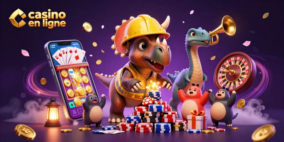 Casino en ligne avec un triceratops construisant une pyramide de jetons et un parasaurolophus en fête