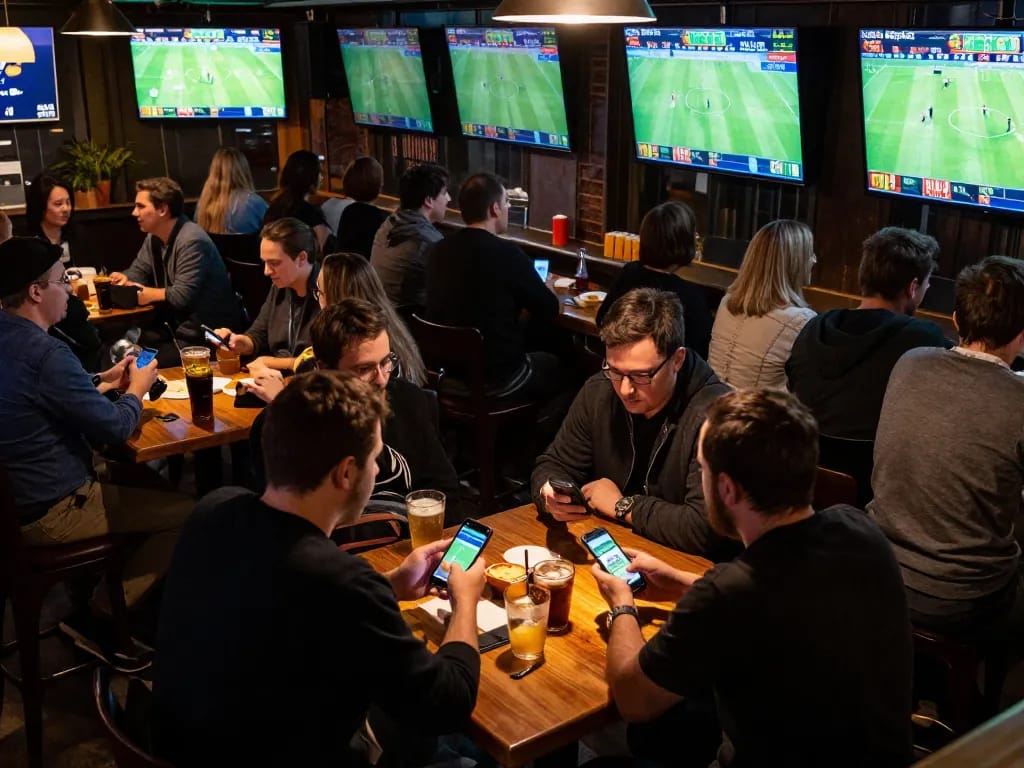 People engaging with keobongda sports betting app in a lively sports bar, screens showing live games.