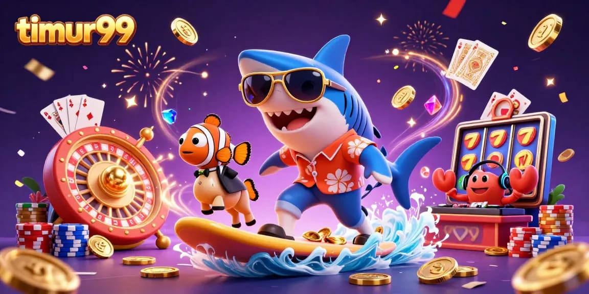 Experience the thrill of winning with timur99 in this vibrant 3D casino illustration featuring a playful shark and casino games.