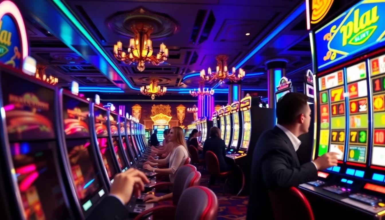 Kenangan4d dengan pemain slot yang bersemangat di kasino cerah dan ramai.