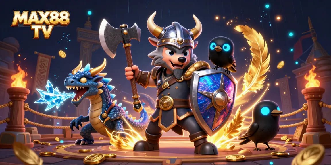Engage in thrilling bets with MAX88 TV at a vibrant online casino featuring animated warriors and dragons.