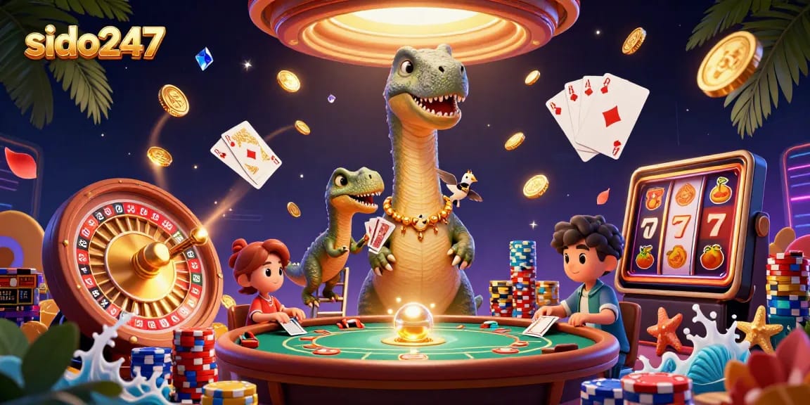 Sido247 features a casino scene with a giant brontosaurus and clever raptor dealer, surrounded by winnings.