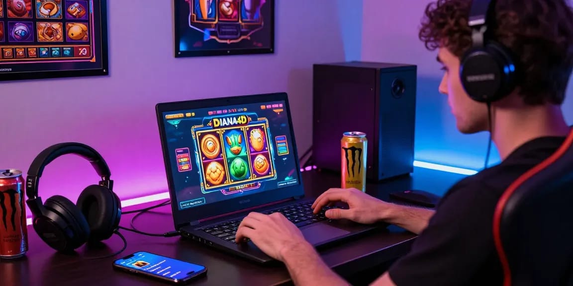Streaming permainan slot di DIANA4D, gamer fokus dengan headset dan laptop di ruang nyaman.