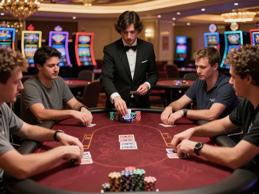 Fabet players strategizing at a poker table, showcasing the excitement of high-stakes gameplay