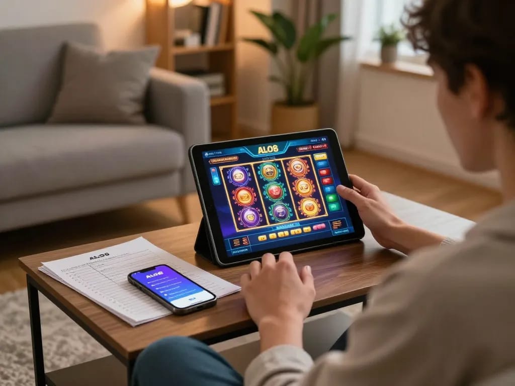 Person engaged in online ALO8 gaming on a tablet in a cozy living room while reviewing betting strategies.