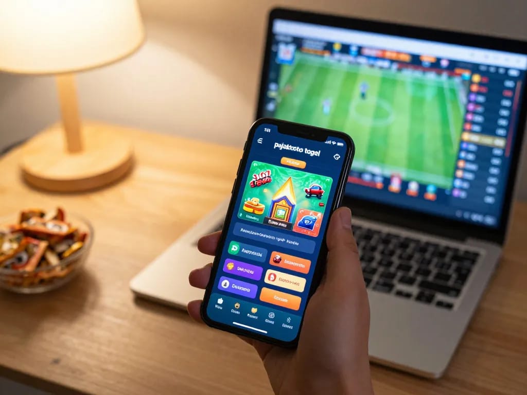 Pajaktoto togel gameplay on smartphone, dynamic betting experience in a cozy home.