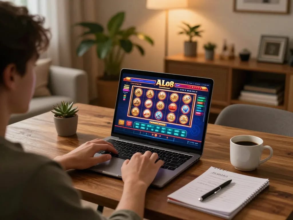 Player enjoying ALO8 online casino games at home, laptop screen showing vibrant slot interface