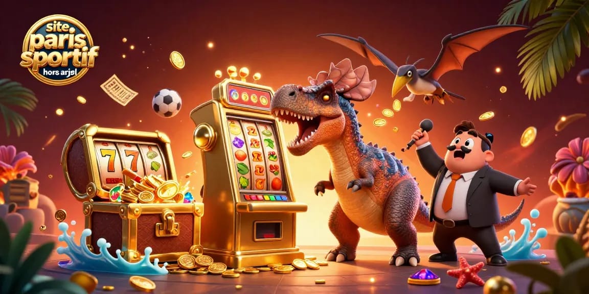 Pariez sur le site paris sportif hors arjel avec une scène animée de dinosaures et de machines à sous