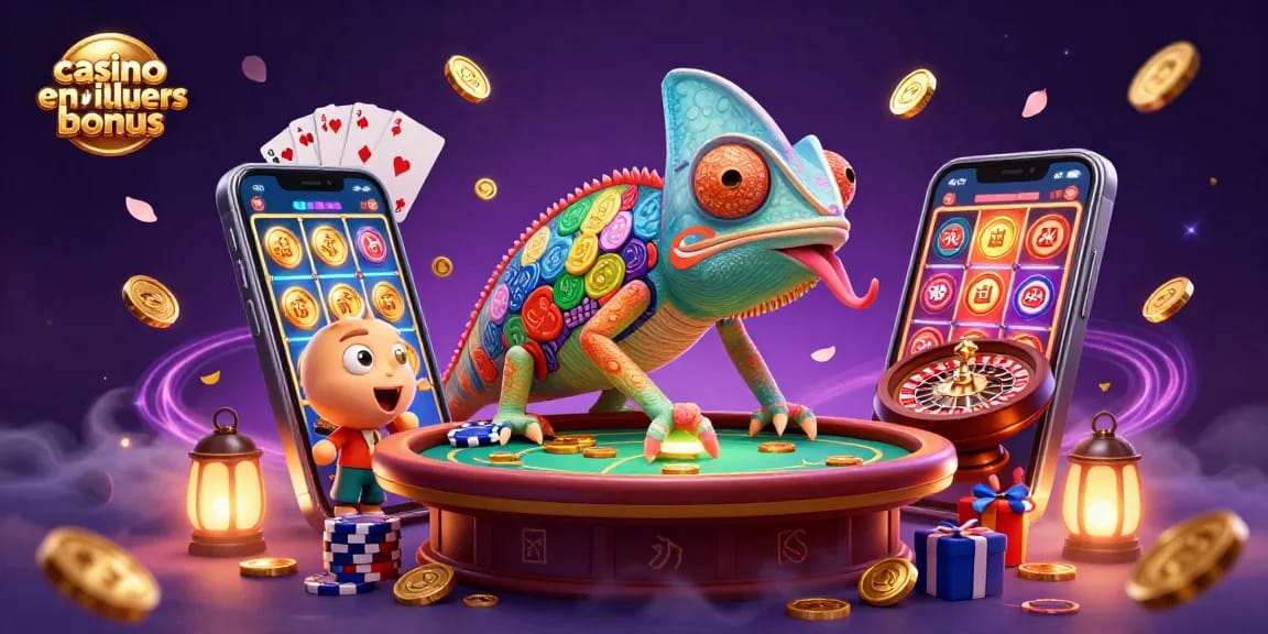 Illustration dynamique mettant en avant le casino en ligne meilleurs bonus avec un propriétaire caméléon et des éléments de jeux.