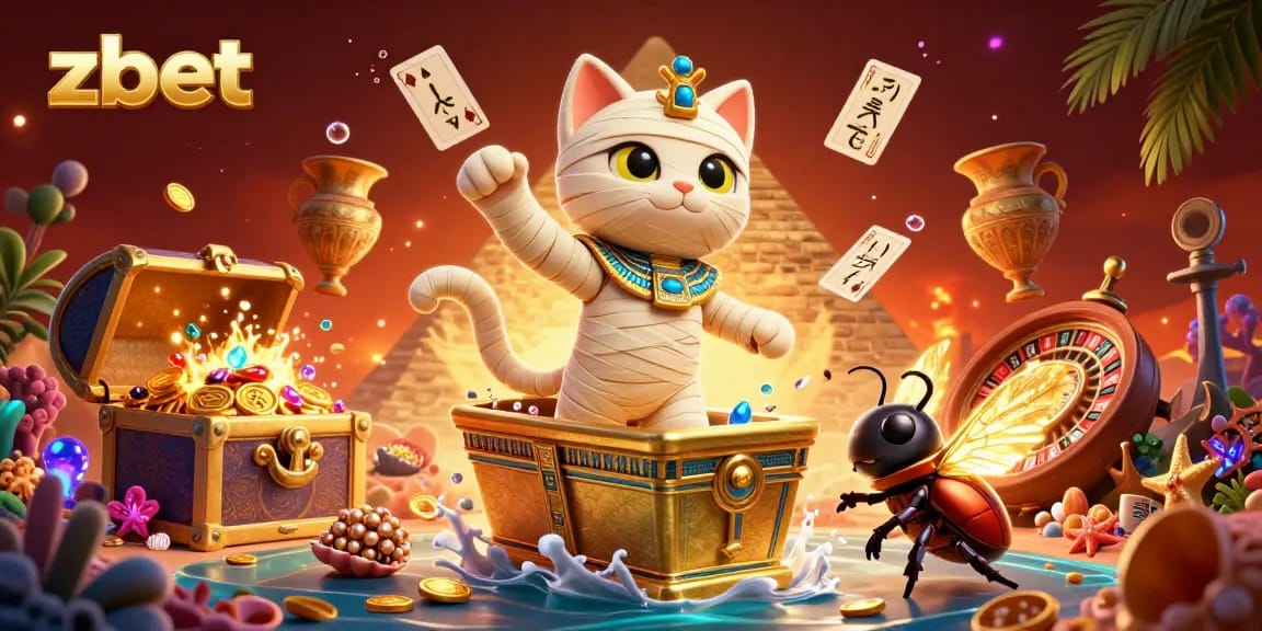 Experience zbet's thrilling action with an Egyptian mummy cat and colorful gaming elements.