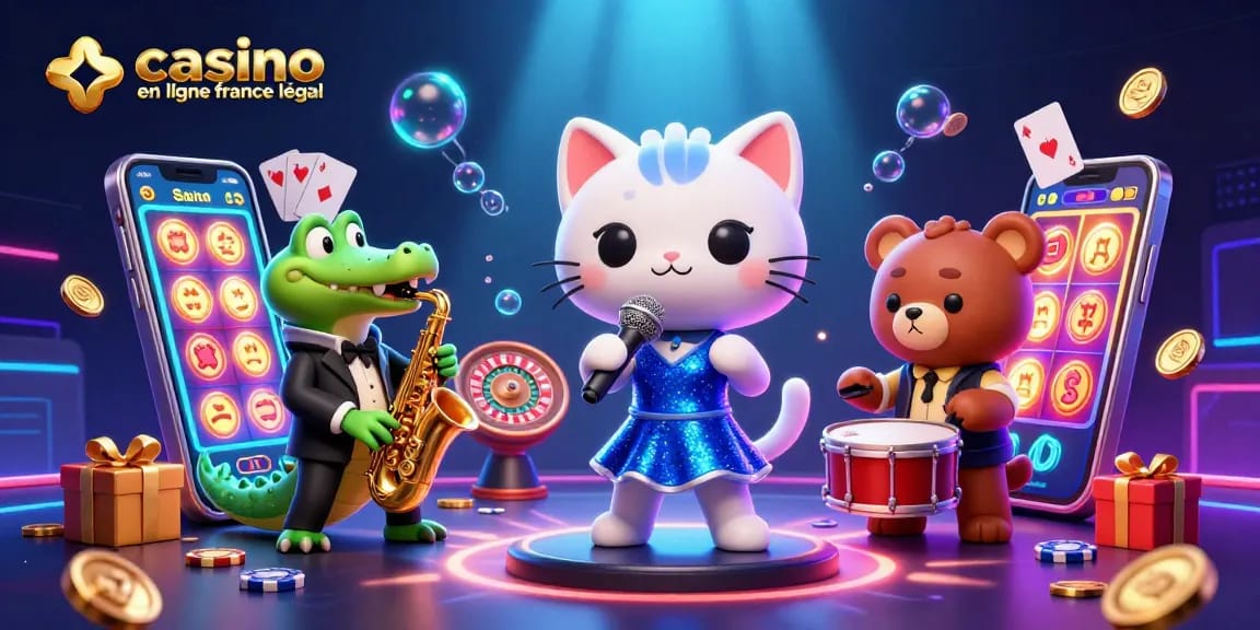 Illustration dynamique de casino en ligne légal en France avec un chat chanteur et un crocodile jouant du saxophone.