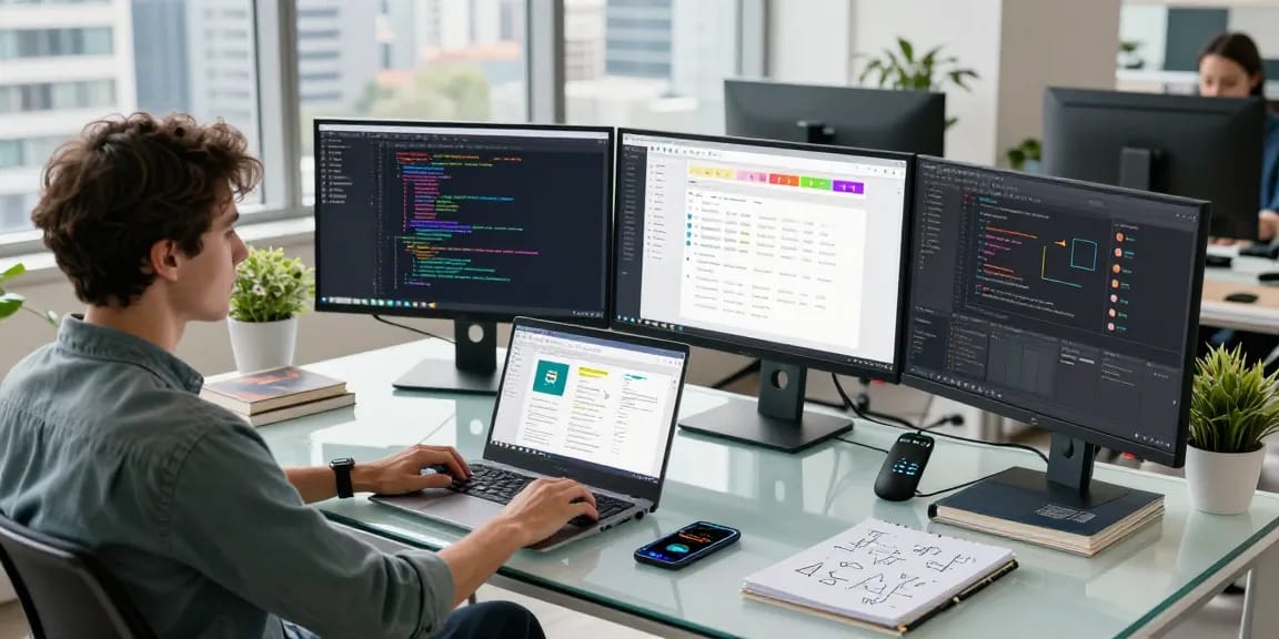 Dynamic workspace featuring a software developer at a glass desk with multiple screens showcasing coding and project management for teiegramin.com