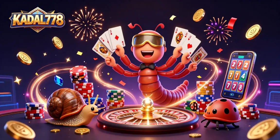 KADAL778 showcases a vibrant animated casino scene with a millipede dealer, snail high-roller, and thrilling game elements.