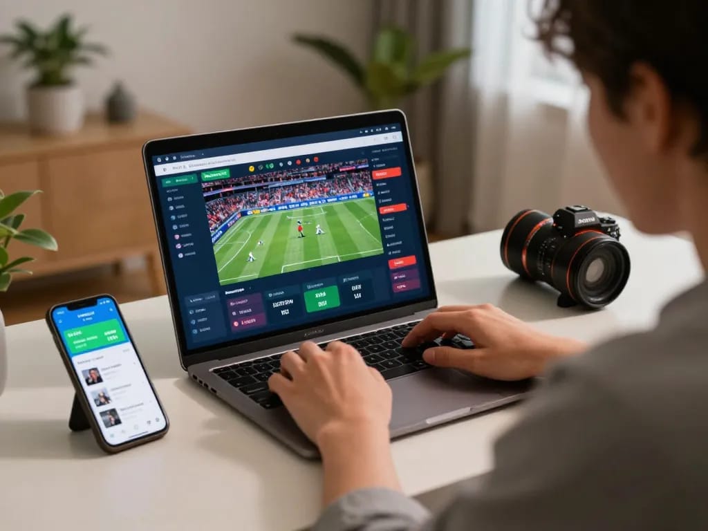 3win user analyzing sports odds on laptop during online gaming session at home