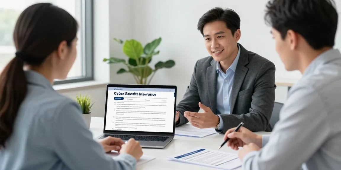 Consultant explaining cyber essentials insurance options to a small business owner in a modern office.