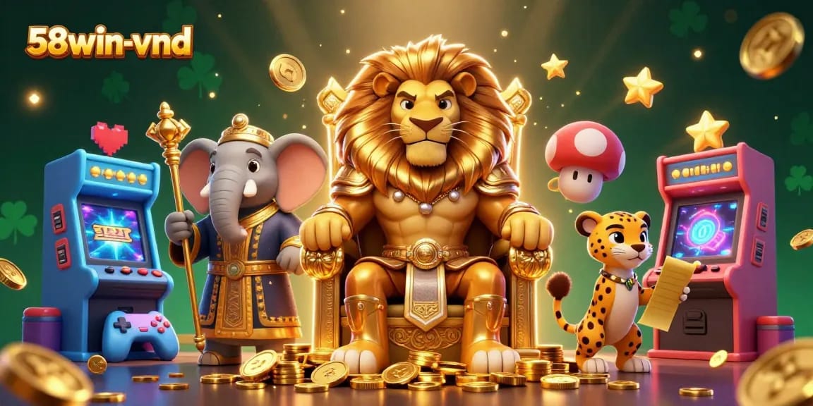 Experience winning thrills with 58win-vnd featuring a lion king on gold coins amidst vibrant gaming elements.