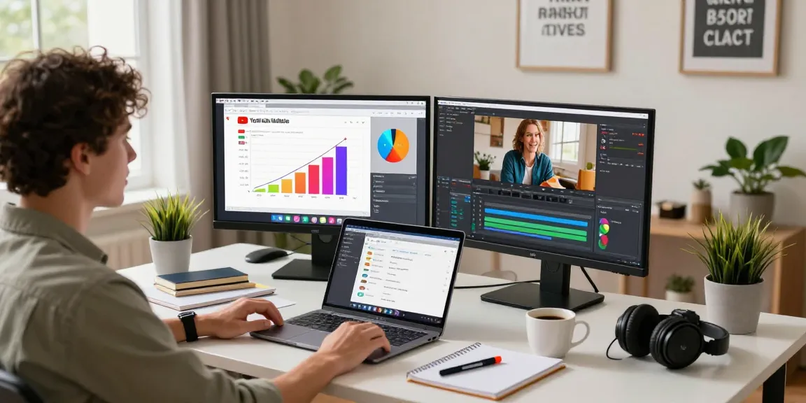 Content creator strategizing to get YouTube views with multiple screens, video editing software, and analytics data in a vibrant home office.