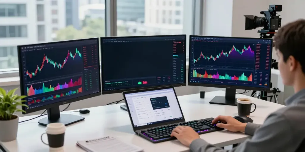 Real-time stock forex crypto market data API analysis in a tech-savvy trading workspace.