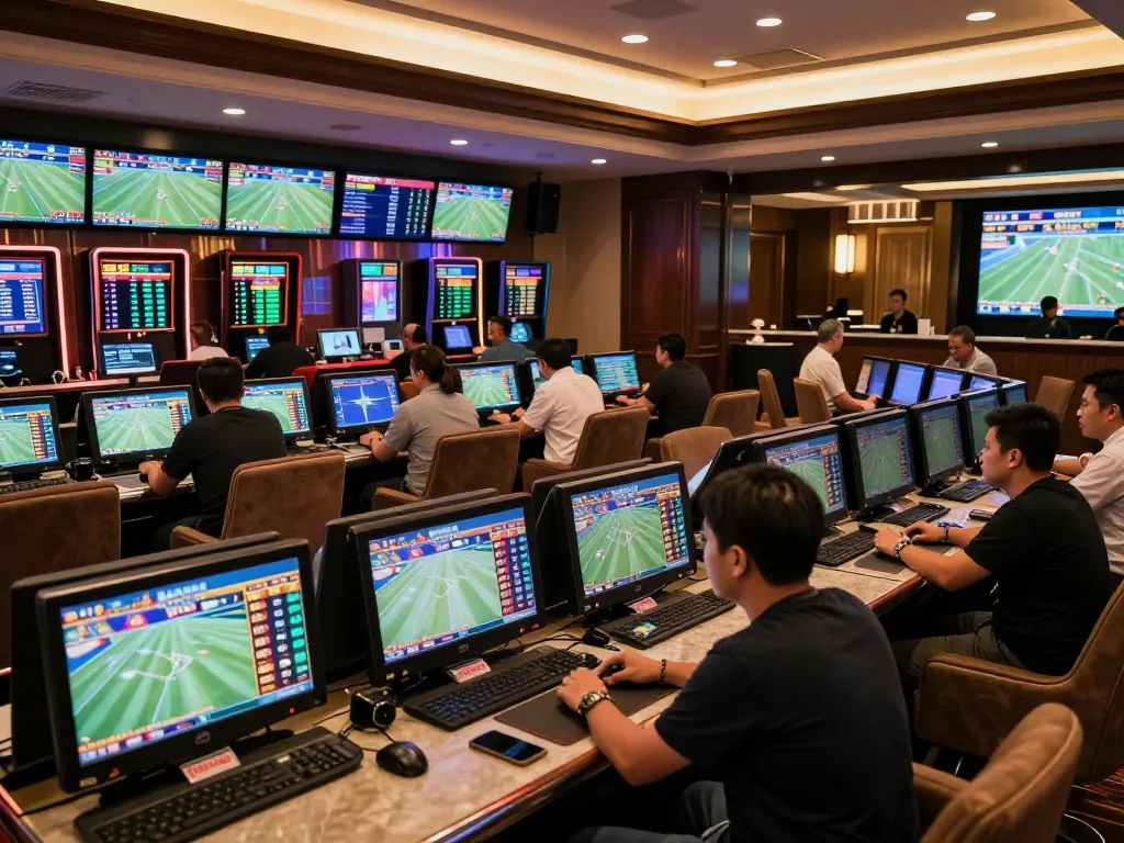 People enthusiastically placing bets on live sports at keonhacaii88's upscale lounge.