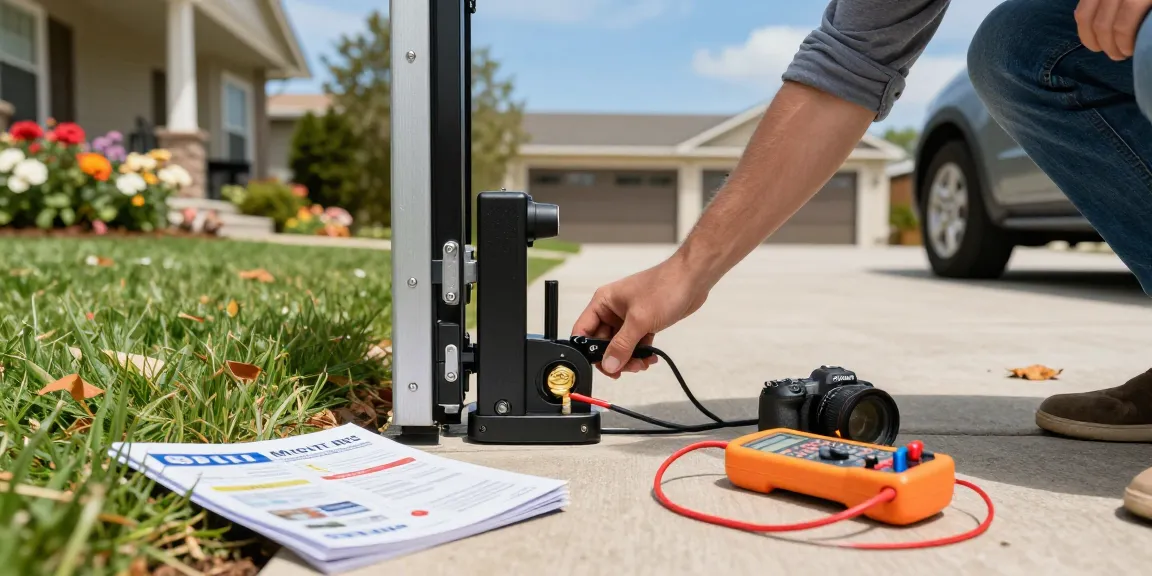 Mighty Mule gate opener not working, person troubleshooting gate mechanism in driveway with tools, clear skies and garden.