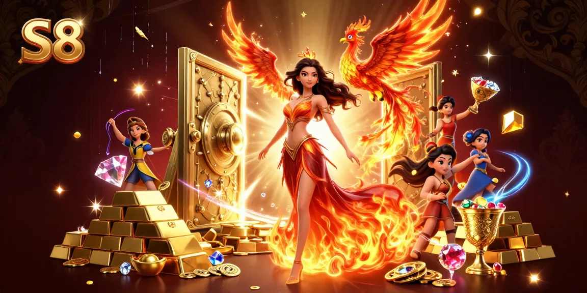 S8 showcases a stunning casino scene with an Asian woman in a fiery gown and golden treasures erupting, spotlighting thrilling gameplay.