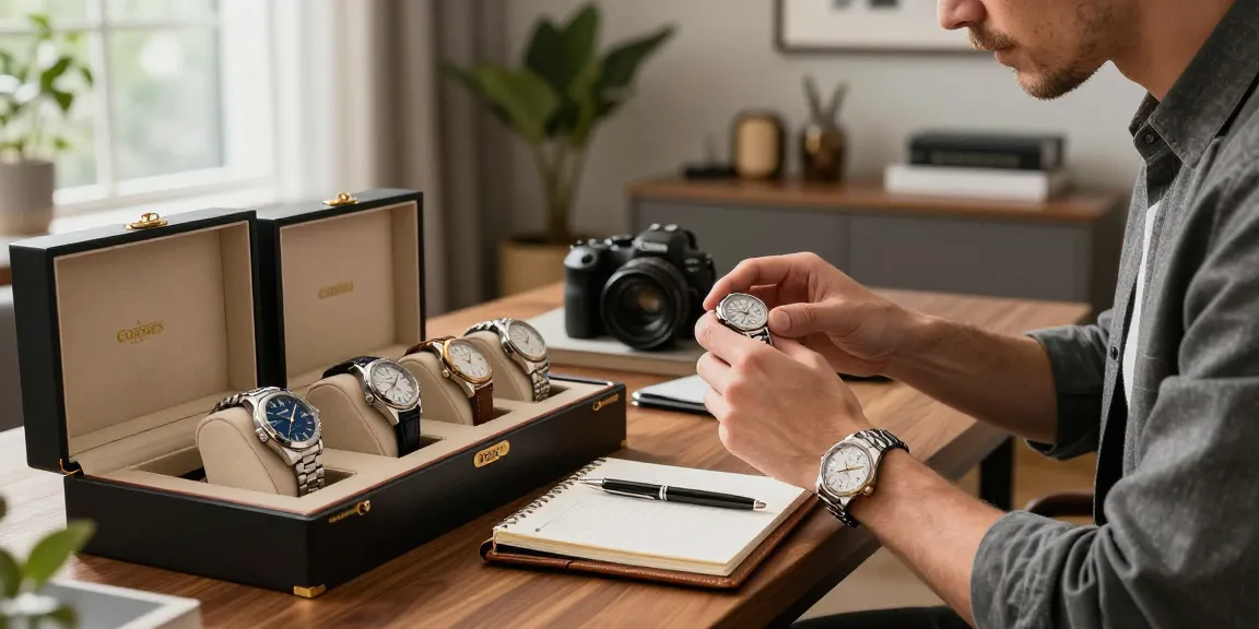Exploring a luxury replica watch collection in a stylish home office setting, showcasing exquisite craftsmanship and attention to detail.