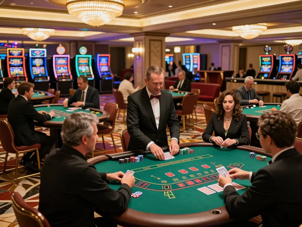 KJC players strategizing at elegant blackjack table in vibrant casino atmosphere