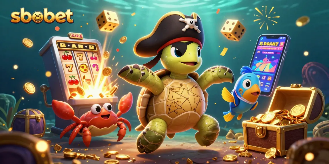 Experience sbobet's vibrant gaming scene with a pirate turtle and friends celebrating above treasure.