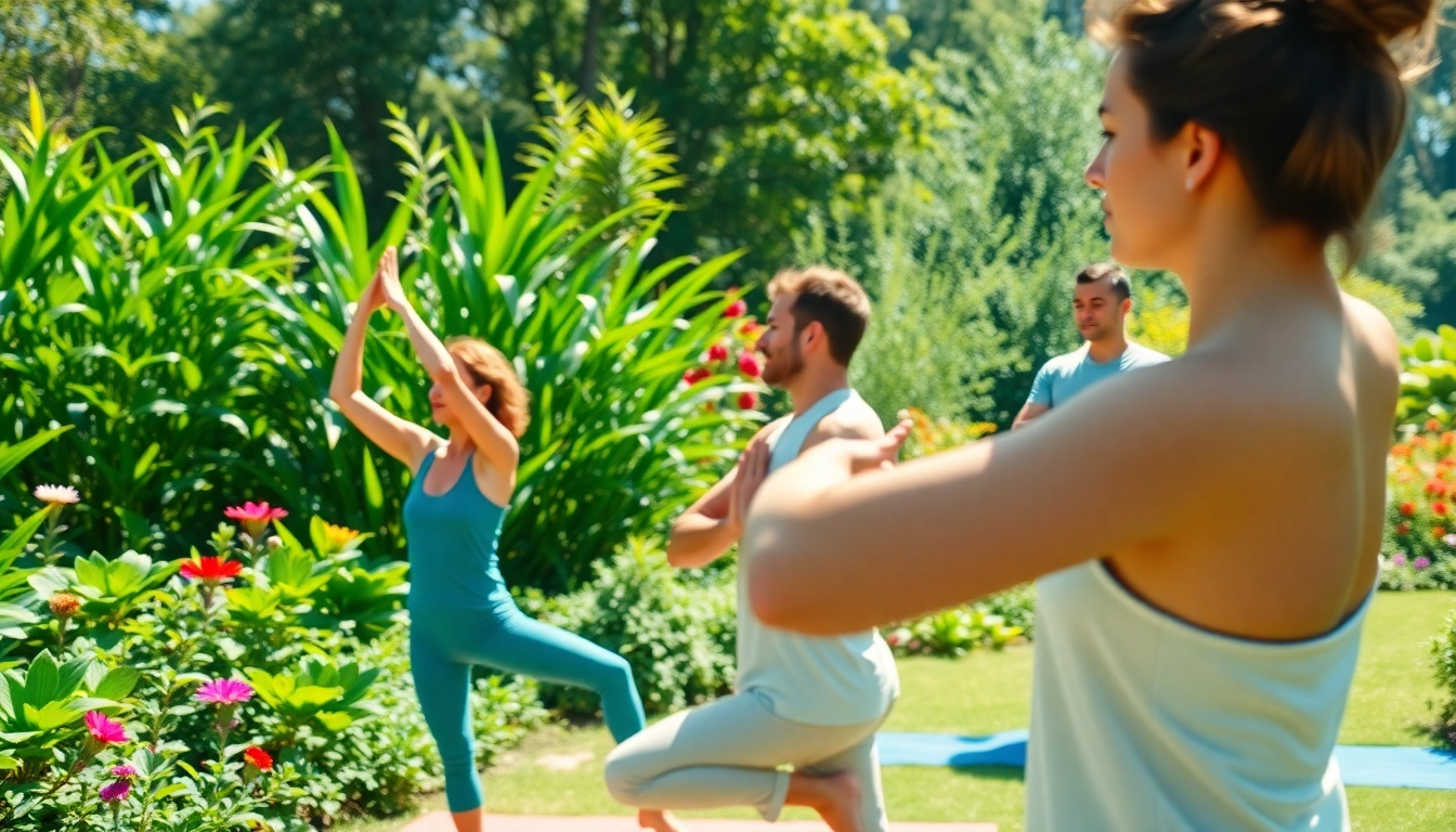 Enhance your health with diverse individuals practicing yoga in a serene garden setting.