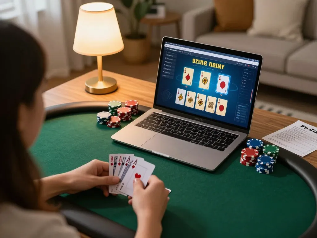 Player engaging in strategic poker gameplay at 58wiin, focusing on cards and online interface in cozy home.