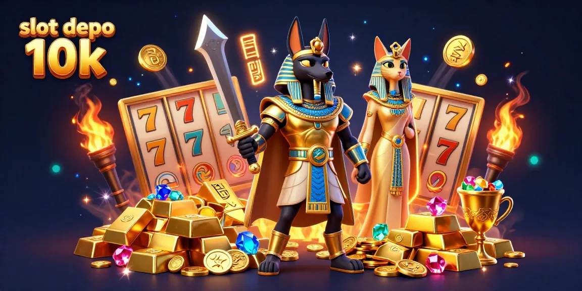 Spin to win in slot depo 10k, featuring Anubis and Bastet amidst gold treasures and thrilling gaming action.