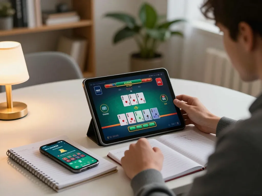 Player enjoying ledak338 blackjack on tablet at home, showcasing strategic notes and calming ambiance.