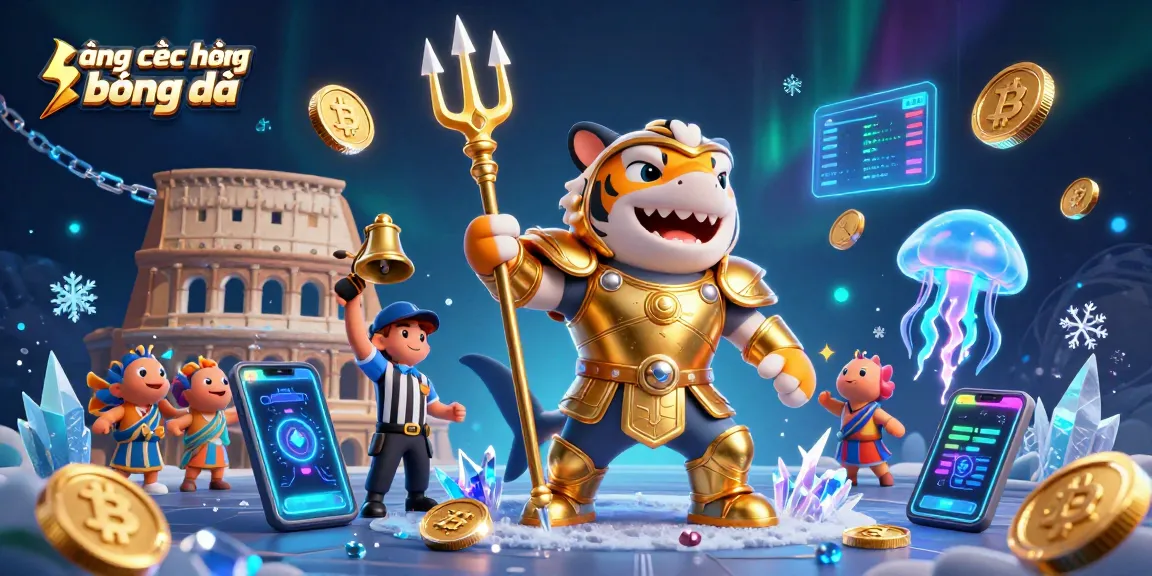 Bảng xếp hạng bóng đá illustrated in a dynamic underwater colosseum scene with a fierce tiger shark and glowing crypto elements.