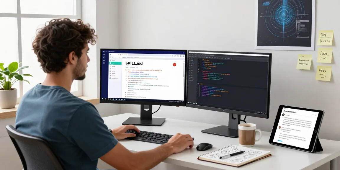 Developer optimizing open claw skills in a modern workspace with dual monitors and AI tools.