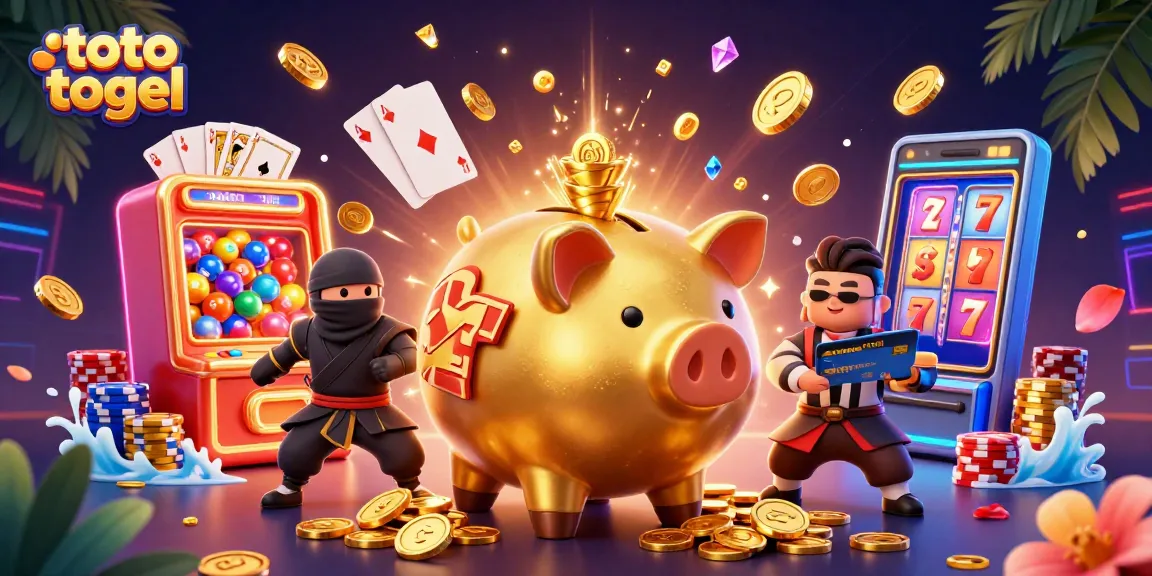 Play exciting toto togel games with dynamic characters in a vibrant casino illustration.