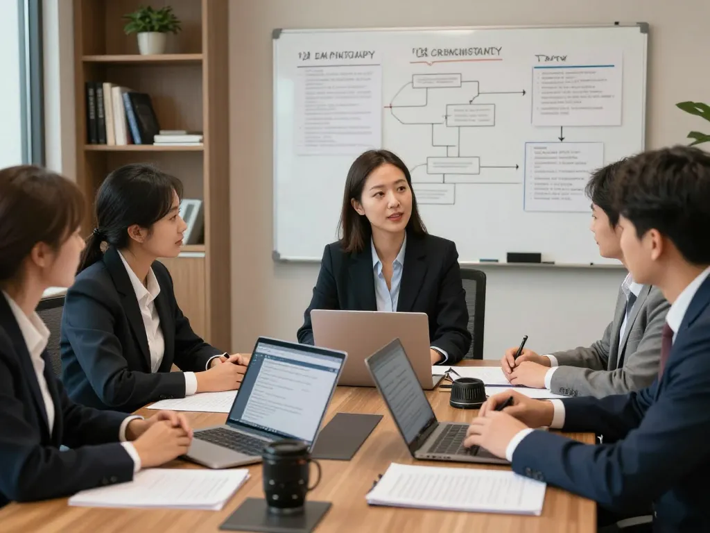 Collaboration among USA lawyers in modern office setting with documents and laptops.