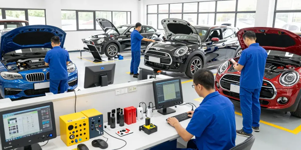 Professionelle BMW Werkstatt Hannover mit Mechanikern bei der Arbeit.