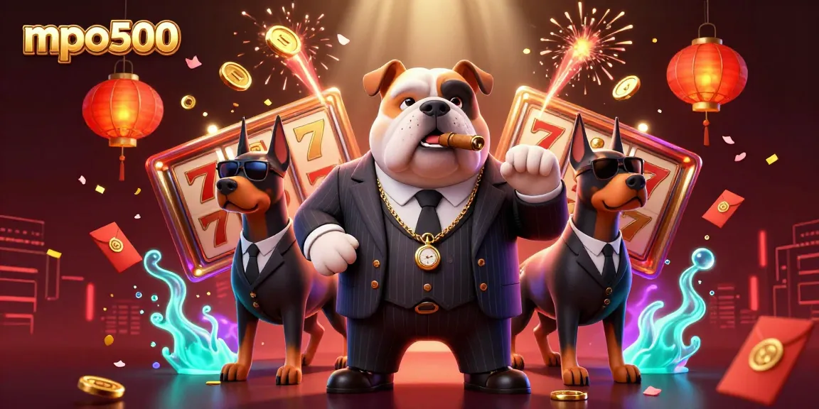 Win big with mpo500 in a vibrant casino scene featuring a mafia bulldog and Doberman guards.