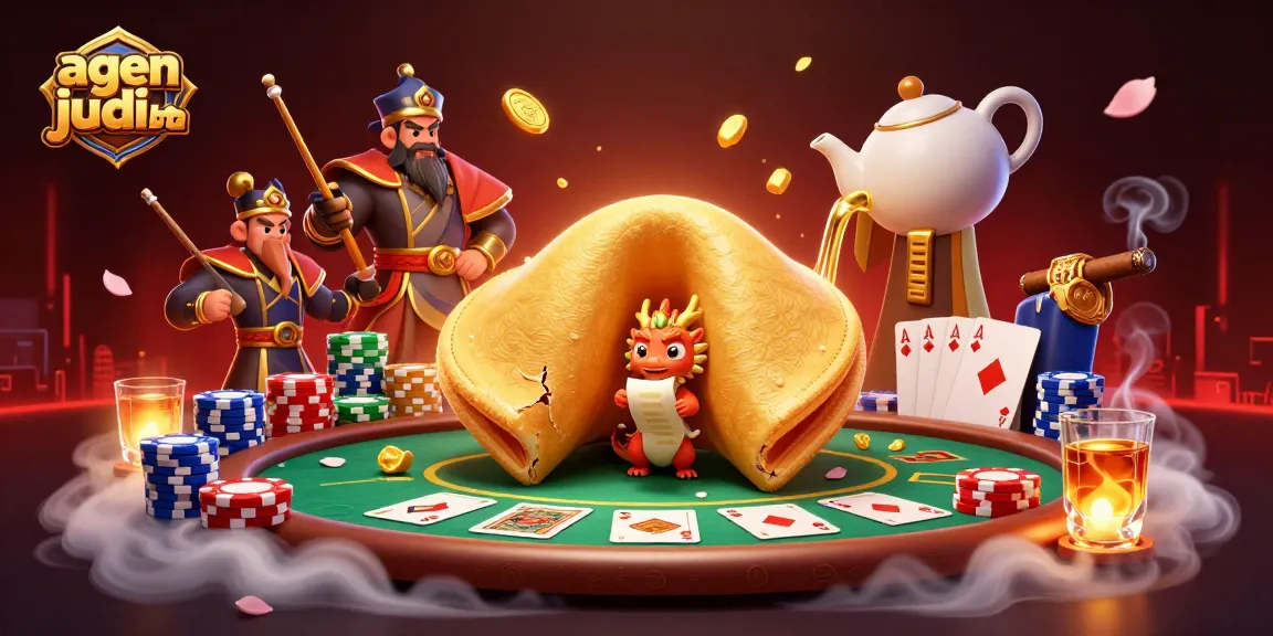 Engage with agen judi bola through vibrant cartoon gambling scene illustrating fortune cookies and poker elements.