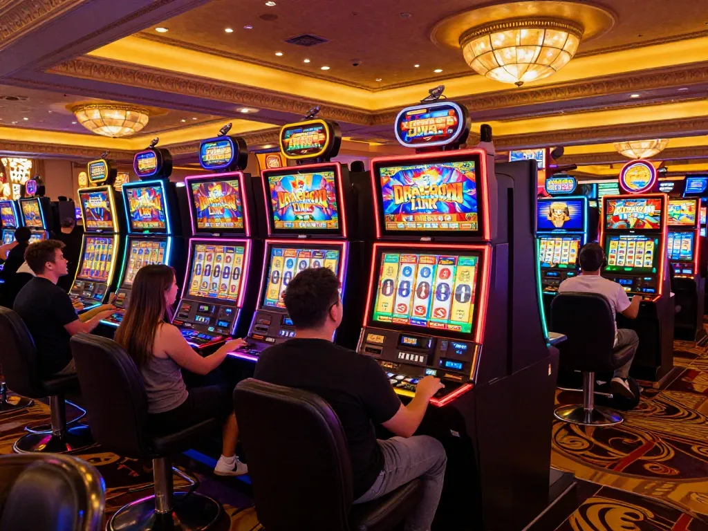 Players enjoy thrilling link slot experiences at vibrant casino machines.