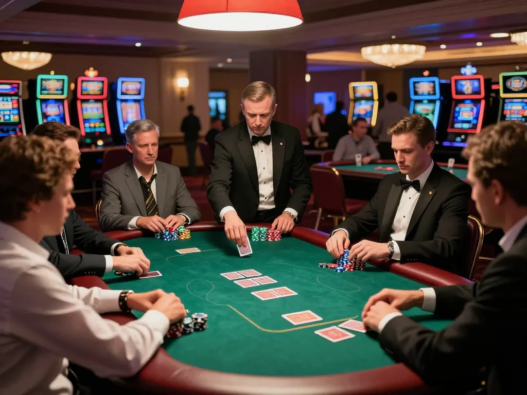 Các người chơi trong một casino cao cấp đang thưởng thức trò chơi poker với mức cược cao trong khi khám phá link m88 không bị chặn để truy cập an toàn.