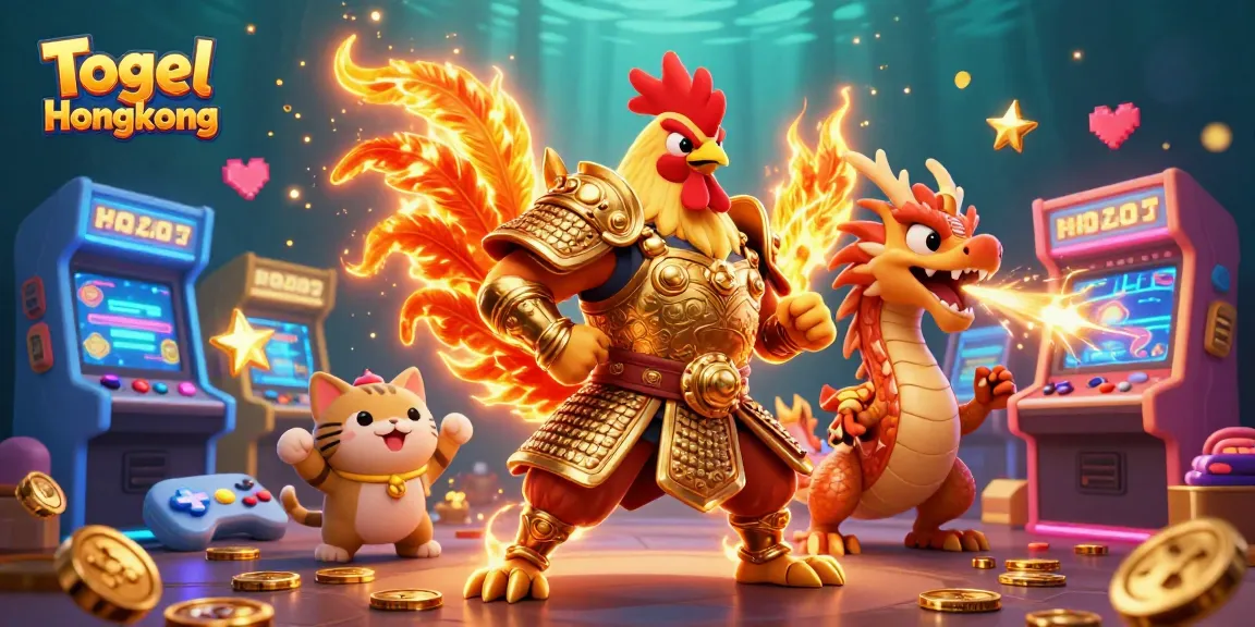 Togel Hongkong results update depicted with a fighting rooster warrior and an armored dragon in a vibrant casino scene.