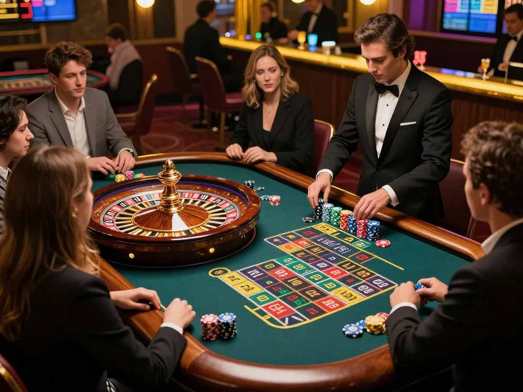 Experience the thrill of the du88 roulette table with vibrant colorful chips and excited players.