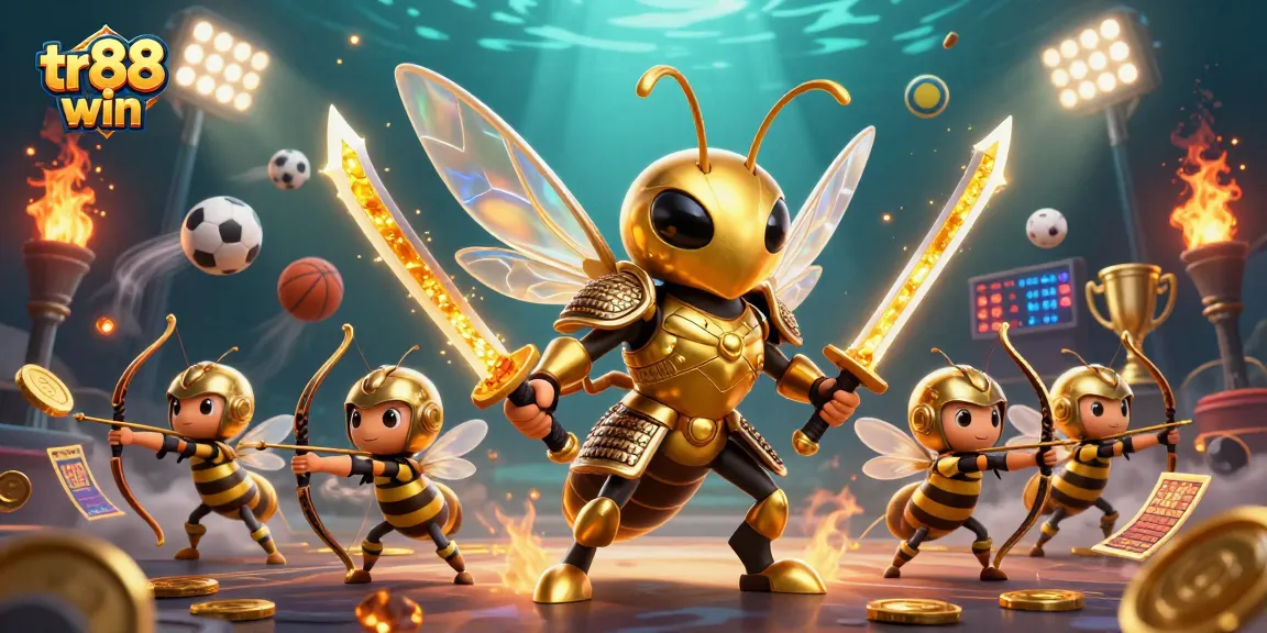 Engage with tr88 win as a golden hornet character competes in a dynamic casino sports scene.